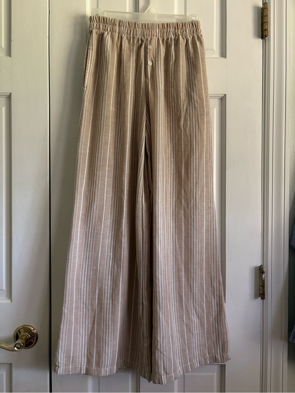 Striped Linen Look Wide Leg Pants Womens XS Beige Pull On Beach Coastal Boho